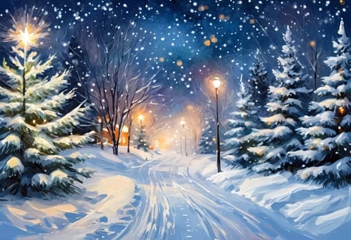 In a tranquil snowy night, soft bokeh Christmas lights adorn fir branches amid a picturesque landscape. Cozy homes are visible, radiating warmth and festivity in the winter wonderland. Generative AI.