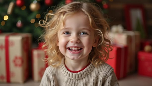 A blonde girl with curly hair smiles brightly while surrounded by colorful wrapped gifts. The room is decorated with festive ornaments, creating a joyful holiday atmosphere. Generative AI.