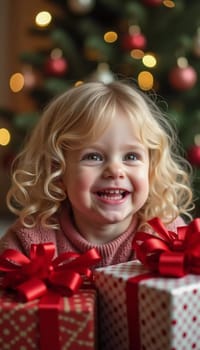 A blonde girl with curly hair smiles brightly while surrounded by colorful wrapped gifts. The room is decorated with festive ornaments, creating a joyful holiday atmosphere. Generative AI.