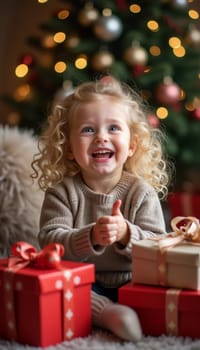 A blonde girl with curly hair smiles brightly while surrounded by colorful wrapped gifts. The room is decorated with festive ornaments, creating a joyful holiday atmosphere. Generative AI.