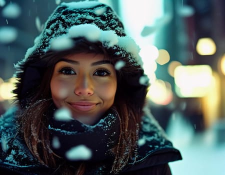 In a vibrant urban setting, a young woman smiles softly while snowflakes dance around her during a heavy snowstorm. The city lights create a warm contrast against the winter chill. Generative AI.