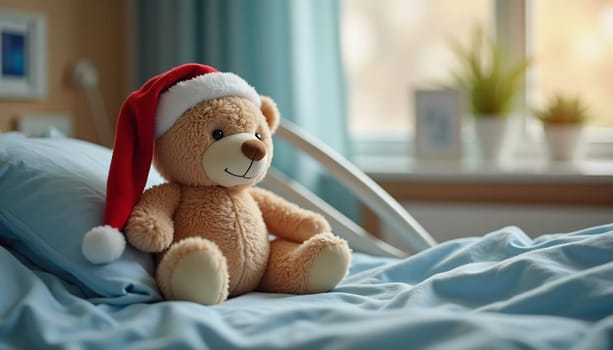 A teddy bear dressed in a Santa hat sits on a hospital bed, offering companionship to a child. The soft toy brings warmth and cheer in a challenging environment. Generative AI.