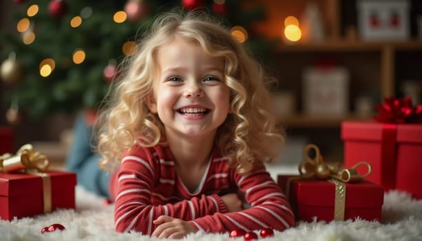 A blonde girl with curly hair smiles brightly while surrounded by colorful wrapped gifts. The room is decorated with festive ornaments, creating a joyful holiday atmosphere. Generative AI.