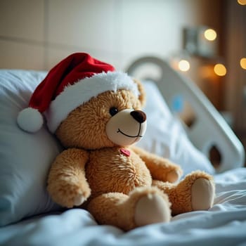 A teddy bear dressed in a Santa hat sits on a hospital bed, offering companionship to a child. The soft toy brings warmth and cheer in a challenging environment. Generative AI.