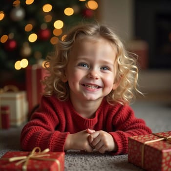 A blonde girl with curly hair smiles brightly while surrounded by colorful wrapped gifts. The room is decorated with festive ornaments, creating a joyful holiday atmosphere. Generative AI.
