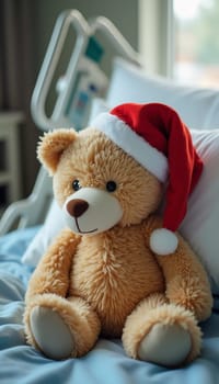 A teddy bear dressed in a Santa hat sits on a hospital bed, offering companionship to a child. The soft toy brings warmth and cheer in a challenging environment. Generative AI.