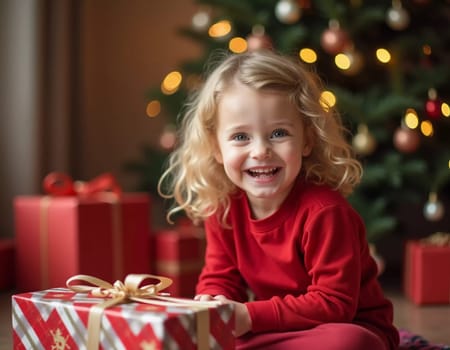 A blonde girl with curly hair smiles brightly while surrounded by colorful wrapped gifts. The room is decorated with festive ornaments, creating a joyful holiday atmosphere. Generative AI.