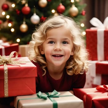 A blonde girl with curly hair smiles brightly while surrounded by colorful wrapped gifts. The room is decorated with festive ornaments, creating a joyful holiday atmosphere. Generative AI.