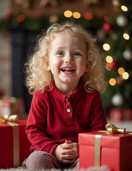 A blonde girl with curly hair smiles brightly while surrounded by colorful wrapped gifts. The room is decorated with festive ornaments, creating a joyful holiday atmosphere. Generative AI.