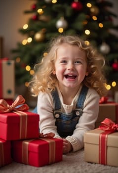 A blonde girl with curly hair smiles brightly while surrounded by colorful wrapped gifts. The room is decorated with festive ornaments, creating a joyful holiday atmosphere. Generative AI.