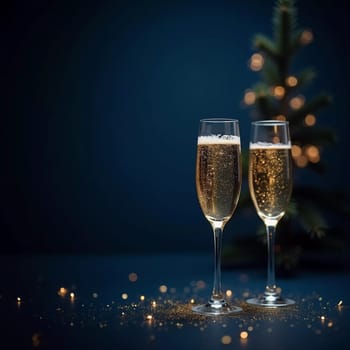 Two sparkling glasses of champagne sit elegantly against a backdrop of a decorated Christmas tree, capturing the spirit of celebration during the festive season with golden glimmers. Generative AI.