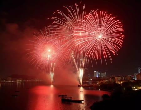 Brilliant red and gold fireworks explode against the dark sky, reflecting in the waterway. The celebration lights up the city skyline during a festive nighttime event. Generative AI.