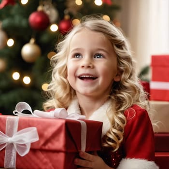 A blonde girl with curly hair smiles brightly while surrounded by colorful wrapped gifts. The room is decorated with festive ornaments, creating a joyful holiday atmosphere. Generative AI.