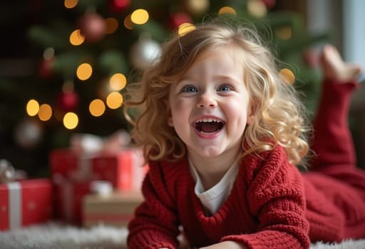 A blonde girl with curly hair smiles brightly while surrounded by colorful wrapped gifts. The room is decorated with festive ornaments, creating a joyful holiday atmosphere. Generative AI.