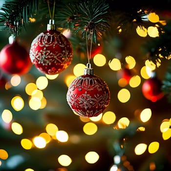 Red ornamental balls hang from pine branches on a beautifully decorated Christmas tree, illuminated by soft, warm lights, evoking a cozy holiday spirit. Generative AI.
