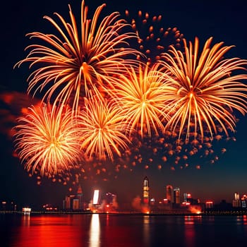 Brilliant red and gold fireworks explode against the dark sky, reflecting in the waterway. The celebration lights up the city skyline during a festive nighttime event. Generative AI.