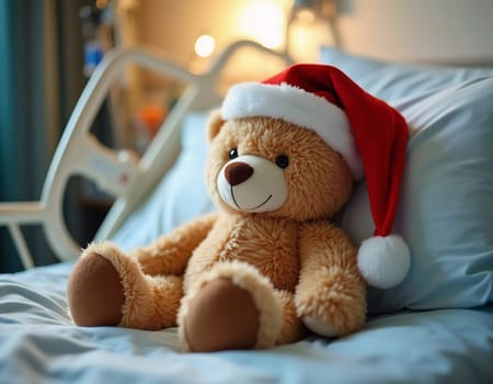 A teddy bear dressed in a Santa hat sits on a hospital bed, offering companionship to a child. The soft toy brings warmth and cheer in a challenging environment. Generative AI.