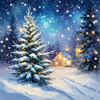 In a tranquil snowy night, soft bokeh Christmas lights adorn fir branches amid a picturesque landscape. Cozy homes are visible, radiating warmth and festivity in the winter wonderland. Generative AI.