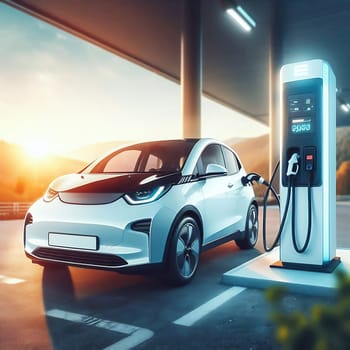 A modern electric car at a charging station of a futuristic filling station. The scene looks clean, technological and environmentally friendly