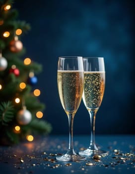 Two sparkling glasses of champagne sit elegantly against a backdrop of a decorated Christmas tree, capturing the spirit of celebration during the festive season with golden glimmers. Generative AI.