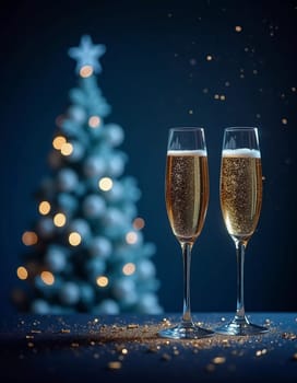 Two sparkling glasses of champagne sit elegantly against a backdrop of a decorated Christmas tree, capturing the spirit of celebration during the festive season with golden glimmers. Generative AI.