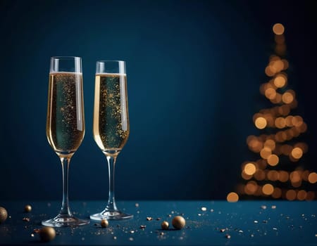 Two sparkling glasses of champagne sit elegantly against a backdrop of a decorated Christmas tree, capturing the spirit of celebration during the festive season with golden glimmers. Generative AI.