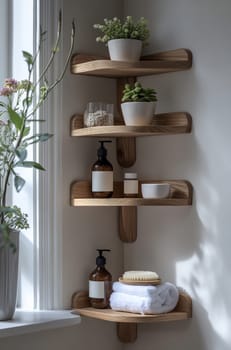 Beautiful wooden shelves display potted plants and decorative items, enhancing a cozy indoor space filled with natural light.
