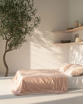 A serene bedroom features a soft pink bed, an olive tree, and warm sunlight creating a calming atmosphere in a minimalistic setting.