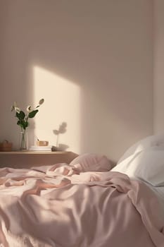 Soft pink bedding complements the gentle morning light illuminating a peaceful bedroom with a vase of flowers on the side table.