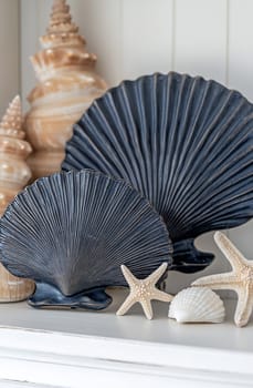 Stylish arrangement of seashells and starfish on a shelf, showcasing coastal decor inspired by ocean themes.