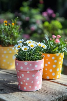 Brightly painted pots containing flowers are arranged on a wooden table in a vibrant garden, showcasing nature's beauty.