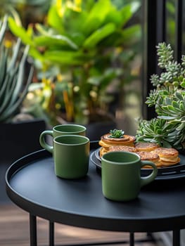 Three green mugs sit on a table beside succulent plants, accompanied by delicious pancakes and a peaceful atmosphere.