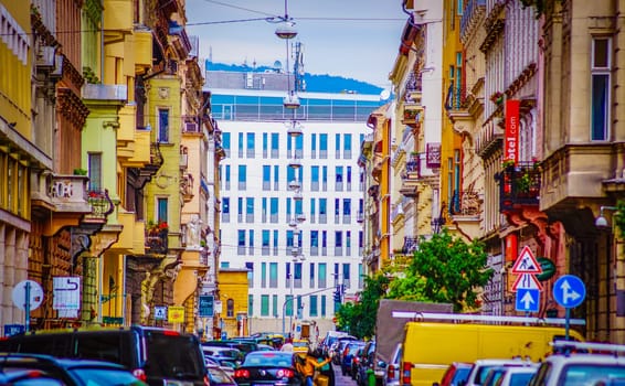 busy street sign. Shooting Location: Hungary, Budapest
