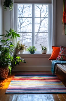 A bright indoor corner features colorful plants, a striped rug, and inviting pillows by a large window. Natural light fills the room.