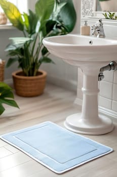 A soft blue mat is placed beside a white pedestal sink in a bright bathroom. Potted plants add a touch of freshness to the space.