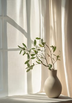 Sunlight filters through sheer curtains, highlighting a simple vase holding delicate green branches in a serene indoor setting.