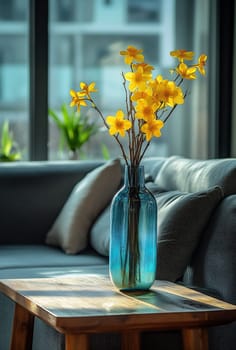 A beautiful arrangement of bright yellow flowers in a blue glass vase sits on a wooden table in a modern living room.