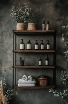A wooden shelf showcases various wellness products, towels, and decorative items in a calming, earthy environment.