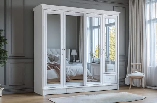 A stylish white wardrobe with mirrors stands in a bright, modern bedroom featuring soft decor and natural light.