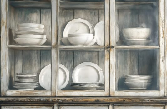 A rustic kitchen cabinet displays neatly arranged white china and plates, showcasing a vintage design with a weathered finish.