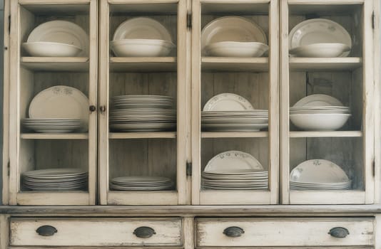 A wooden cabinet showcases neatly arranged plates and bowls in a cozy dining area filled with rustic charm.