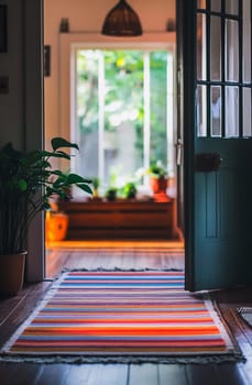 A welcoming entrance features a striped rug leading to a bright room filled with greenery and warm light from outside.
