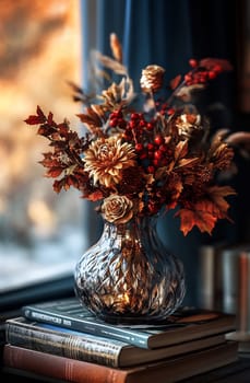 A carefully crafted vase displays an autumn floral arrangement, featuring warm hues and texture against a cozy indoor background.