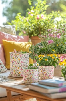 Brightly colored flower pots adorn a cozy patio, surrounded by lush greenery and cushions, inviting relaxation on a sunny day.