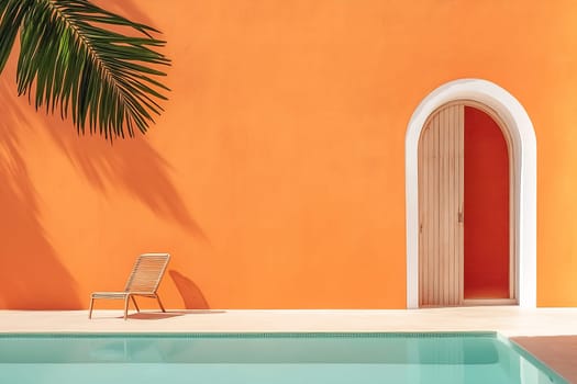A lounge chair sits beside a pool, with a vibrant orange wall and an arched wooden door creating a warm atmosphere and inviting relaxation.