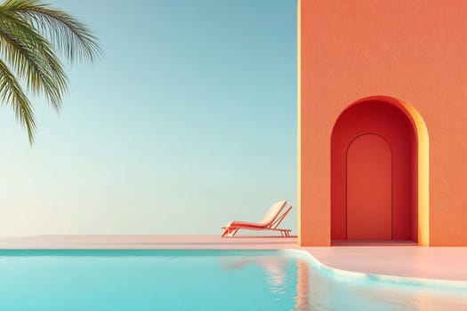 A modern pool area features a bright orange wall, a lounge chair, and palm trees under a clear sky, creating a peaceful retreat.