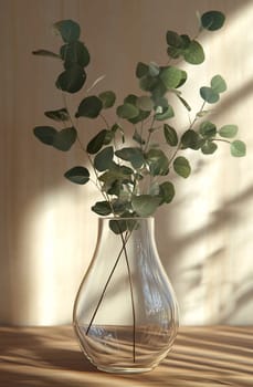 A clear glass vase holds fresh eucalyptus branches, illuminated by soft sunlight, creating a serene and calming atmosphere indoors.