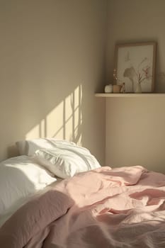 Sunlight streams into a tranquil bedroom, highlighting a messy bed with soft linens and a shelf featuring delicate decor.