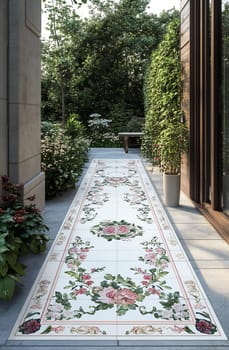 A beautifully designed floral pathway leads to a serene garden, surrounded by lush greenery and modern architecture.