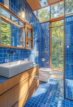 A bright bathroom features vibrant blue tiles, wooden cabinetry, and natural light streaming through a large window revealing greenery outside.